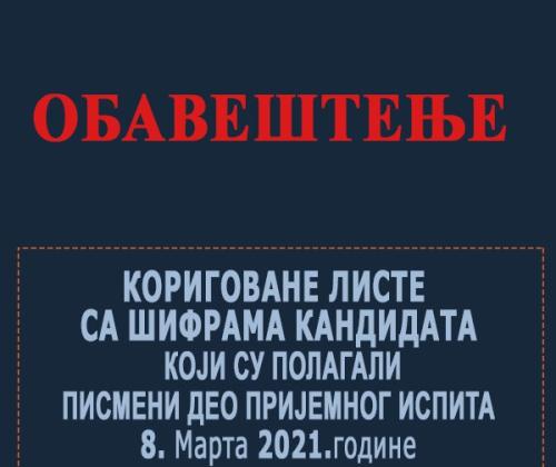Korigovane liste sa šiframa kandidata koji su polagali pismeni deo prijemnog ispita 8. marta 2021. godine