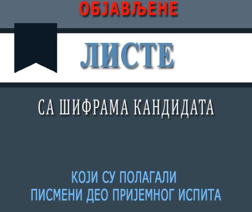 Objavljene liste sa šiframa kandidata koji su polagali pismeni deo prijemnog ispita 08. marta 2021. godine