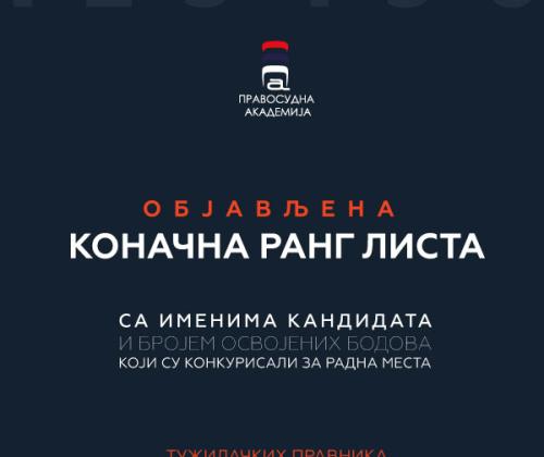 Објављена коначна листа са именима, шифрама и освојеним бројем бодова, за кандидате који су полагали испит за попуњавање радних места за ТУЖИЛАЧКЕ ПРИПРАВНИКЕ